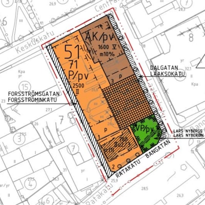 En detaljplanekarta som visar var ett kulturhus plus ett bostadshus kan byggas i ett kvarter i centrum av Karis. Planen var ännu inte slutligt godkänd i september 2019.