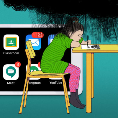 Kuvituskuva: tyttö piirtää pöydän ääressä, taustalla tabletti, jossa applikaatioita.