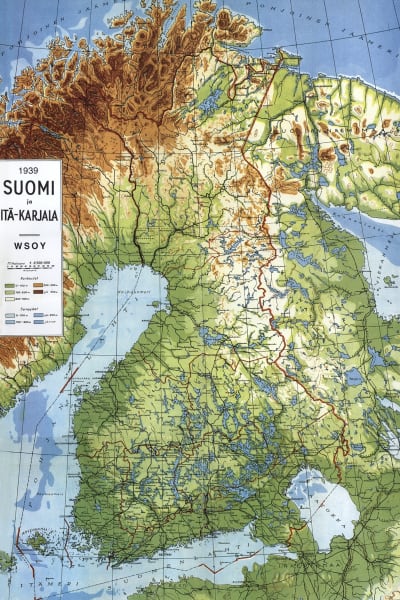 Finlands karta från år 1939 med den dåvarande gränsen i öst.