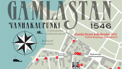 Facit och karta över alla kalenderfönster i Gamla stan i Ekenäs år 2021.