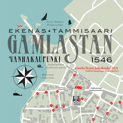 Facit och karta över alla kalenderfönster i Gamla stan i Ekenäs år 2021.