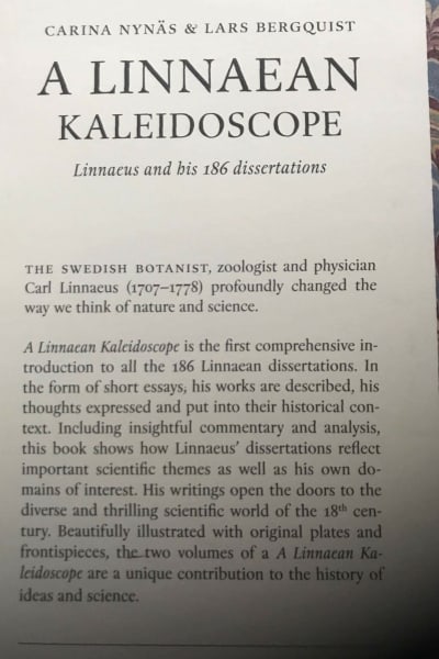 Baksidan till Carina Nynäs´ och Lars Bergquists bok A Linnaean Kaleidoscope. 2016. 