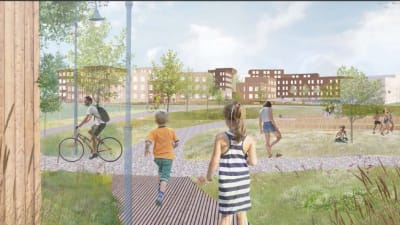 Tecknad bild visualiserar hur det kan se ut på bostadsmässoområdet i Hiidensalmi i Lojo. Barn och vuxna går, springer och cyklar i ett somrigt bostadsområde. Sommar och grönska. I bakgrunden syns flervåningshus.