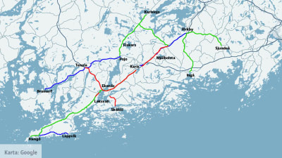 En karta över ställen där de kan behövas cykelvägar, de som har fått många förslag är röda, de som är blåa har fått 2 röster och de gröna en röst.  