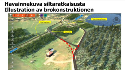 En illustrationsbild som visar hur den planerade bron över Hangö-Hyvingebanan skulle placeras i Leksvall, en by utanför Ekenäs. På bilden syns vägar, järnväg, hus, skog, havet. Små planscher visar vad som är vad.