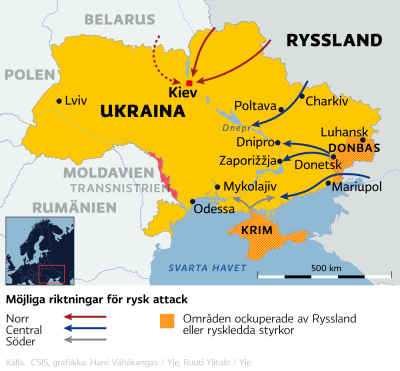 Karta med möjliga riktningar för rysk attack i Ukraina utpekade.