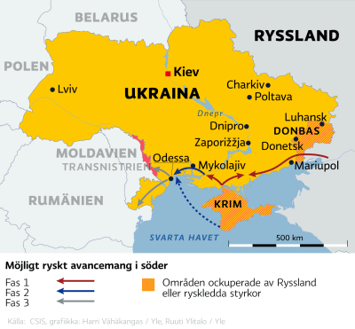 Karta över Ukraina där möjligt rysk avancemang i söder presenteras.