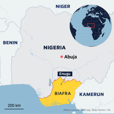 Karta över Nigeria. Biafra och staden Enugu som skulle bli huvudstad i ett självständigt Biafra är markerade på kartan.
