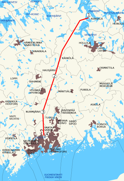 Karta över Päijännetunnelns sträckning.