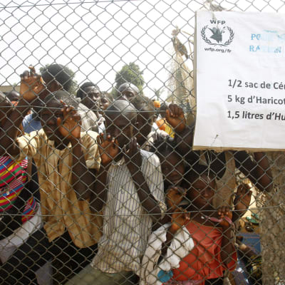 Flyktingar väntar på matutdelning vid ett flyktingläger i Bangui.