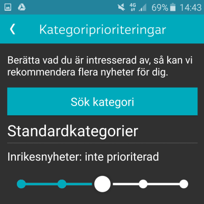 En vy över "sök kategori"-funktionen i Nyhetskollen-appen.