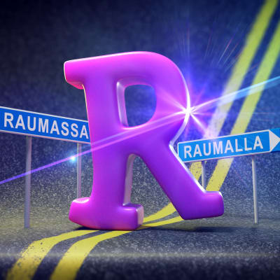 R-kirjain tiellä, kyltit Raumassa ja Raumalla.