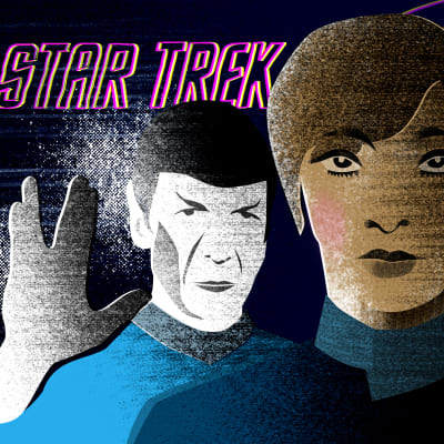 Kuvituskuva Star Trek -artikkeliin. Mr. Spock, kapteeni Kirk ja vihreitä orjanaisia piirroshahmoina. 