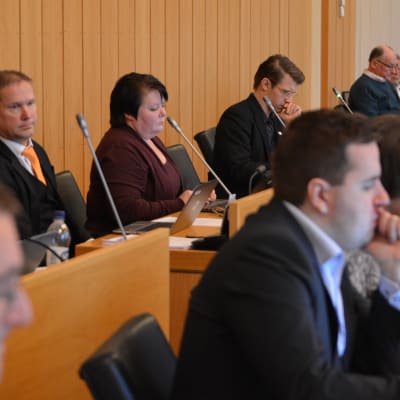 Lassi Kaleva ja Terhi Kiemunki valtuustosalin takaosassa
