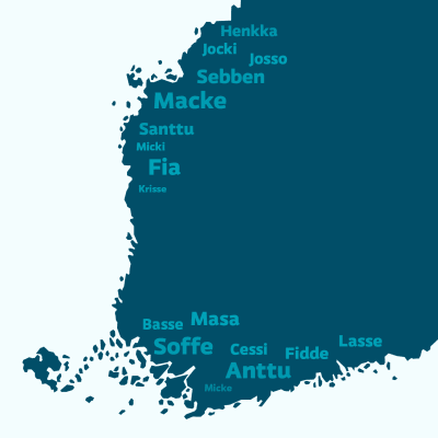 En karta på Finland med olika finlandssvenska smeknamn.