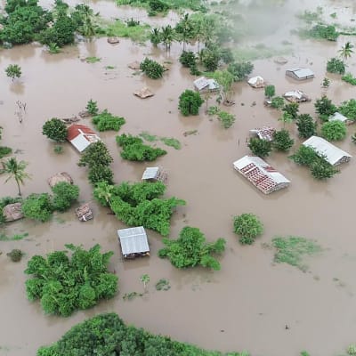 Övervämmade områden efter cyklonen Idai nära staden Beira