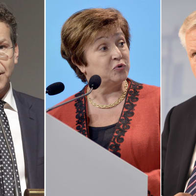 De tre toppkandidaterna som spås efterträda Christine Lagarde: Jeroen Dijsselbloem, Kristalina Georgieva och Olli Rehn.