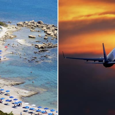 Collage av två bilder. Till vänster en bild av en strand i Rhodos, Grekland, till höger ett flygplan i luften. 