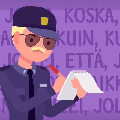 Kaksi poliisipiirroshahmoa, jotka ovat kirjoittamassa sakkoa kielioppivirheestä.