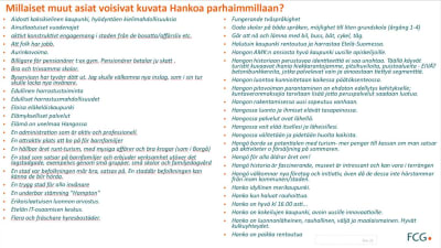 En sida text med svar på finska och svenska på en fråga i Hangös framtidsenkät som låg ute på nätet i början av 2021. Det är svar på frågan: Vilka andra saker kunde beskriva Hangö när staden är som bäst?