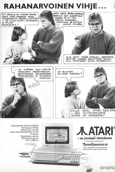Atarin mainos vuodelta 1987. Sarjakuvamuotoon tehdyssä mainoksessa esiintyvät Mikko Alatalo ja hänen poikansa.