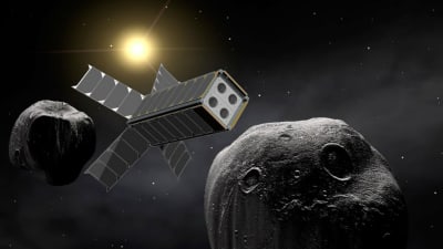 Illustrationsbild av en satellit nära ett asteroidpar.