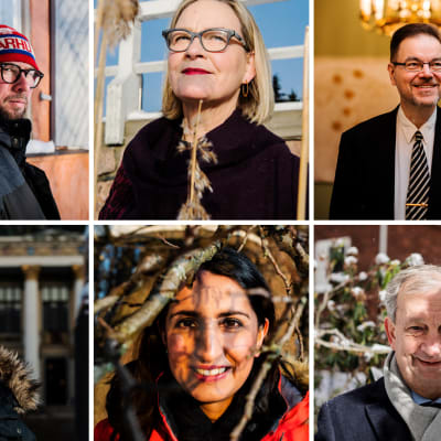Bildcollage med kandidaterna till ny borgmästare i Helsingfors.