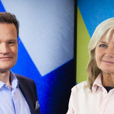 Journalisterna Stefan Winiger och Ann-Britt Ryd Pettersson i ett montage med Finlands och Sveriges flaggor i bakgrunden.