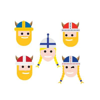 En emoji som föreställer 5 huvuden där alla bär en mössa eller vikingahjälm i de nordiska flaggornas färger