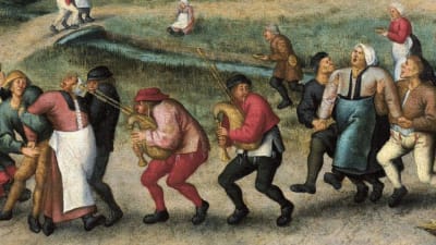 Folk som dansar på en medeltida målning.