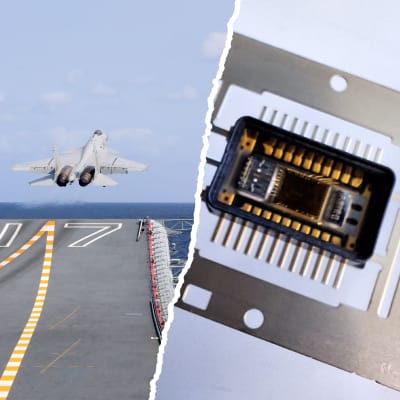 Kahden kuvan yhdistelmä, joista toisessa näkyy hävittäjä nousemassa lentotukialukselta meren ylle ja toisessa mikrosiru lähikuvassa.