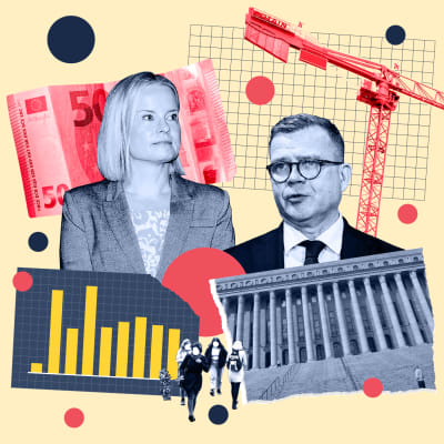 Kollaasikuvitus, jossa on Riikka Purra ja Petteri Orpo, eduskuntatalo, pylväsgrafiikka, nosturi, 50 euron seteli ja pieniä ihmishahmoja sävytettynä tummansiniseksi ja punaiseksi vaaleankeltaista taustaa vasten.
