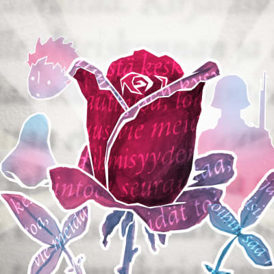 Kuvituskuvan ruusun terälehdissä on kirjaimia, taustalla Nenä, Pikku Prinssi ja Tuntematon sotilas