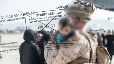 En soldat håller ett afghanskt barn i famnen, i förgrunden en faksimil av en hemligstämplad svensk rapport från försvaret.