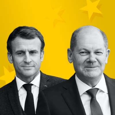 Grafik. Svartvita bilder av Emmanuel Macron och Olaf Scholz. Bakgrunden är gul med stjärnor på.