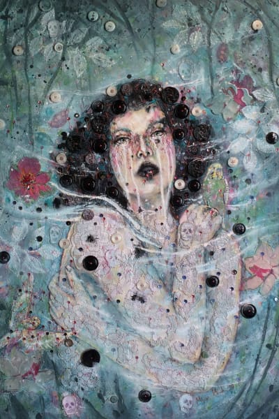 Konstverk av Mirja Marsch föreställande en kvinna med svart hår