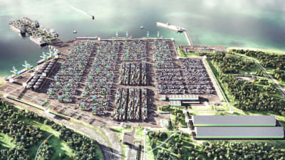 En bild på hur den nya jättehamnen är tänkt att se ut.