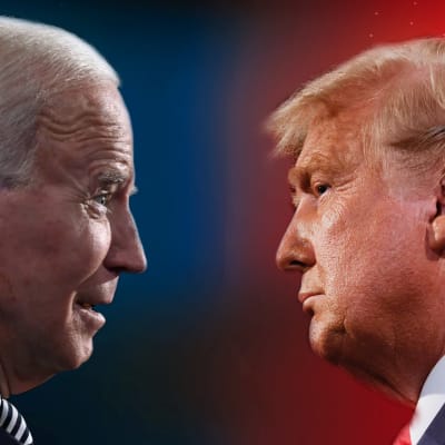 Bildmontage med Joe Biden mot blå bakgrund och Donald Trump mot röd