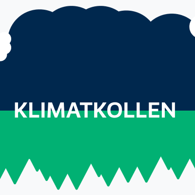 En illustration av skorstenspipor som släpper ut rök och ett grönt fält, med texten Klimatkollen.