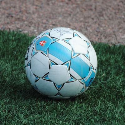 En fotboll på gräsplan.