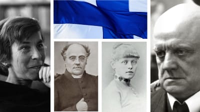 Kollage med Tove Jansson, Johan Ludvig Runeberg, Helene Schjerfbeck och Jean Siblius.