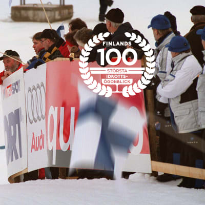 Harri Kirvesniemi, VM 2001, med logon för Finlands 100 största idrottsögonblick.