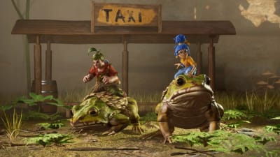 Två animerade personer som rider på grodor.