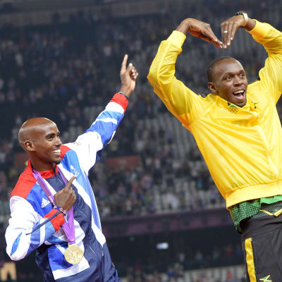 Mo Farah och Usain Bolt poserar.