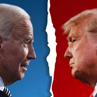 Bildmontage med Joe Biden mot blå bakgrund och Donald Trump mot röd