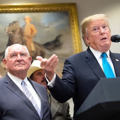 Yhdysvaltain maatalousministeri Sonny Perdue kuvattuna presidentti Trumpin kanssa Valkoisessa talossa toukokuussa 2019.