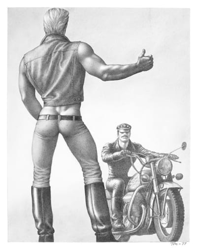 Liftande man och motorcykelknutte. Teckning av Tom of Finland.