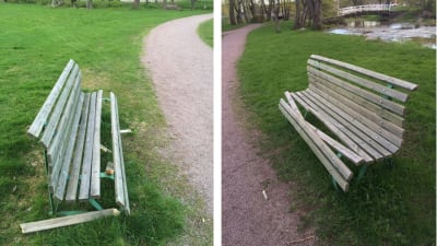 Vandaliserade parkbänkar i Lovisa.