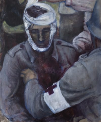 målning av soldat i grå uniform med bandage runt huvudet