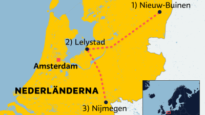 Kartan visar Nederländerna. Kartan visar även huvudstaden Amsterdam samt Nieuw-Buinen, Lelystad och Nijmegen.